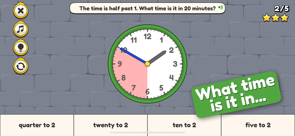 King of Math: Telling Time - An educational game screen asking to calculate elapsed time on an analog clock with multiple choice options