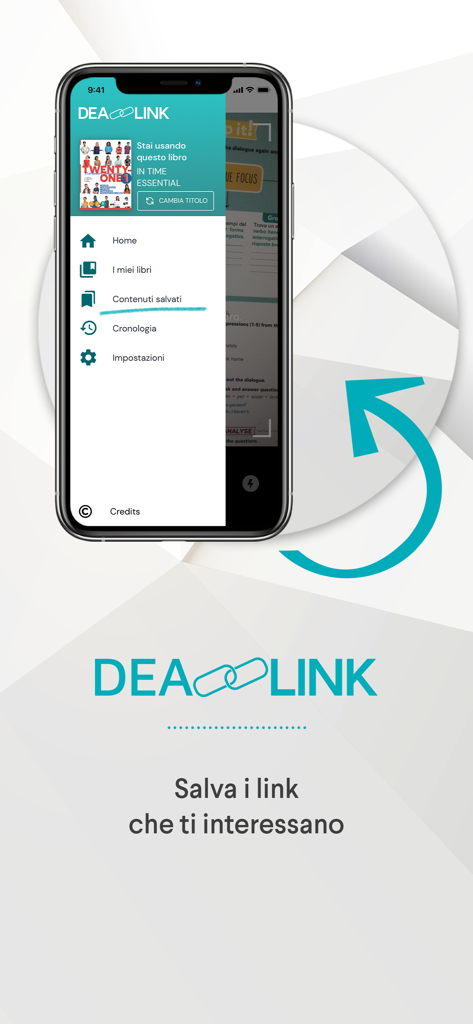 DeA Link - Menu do aplicativo de educação DeA Link mostrando o recurso de conteúdo salvo
