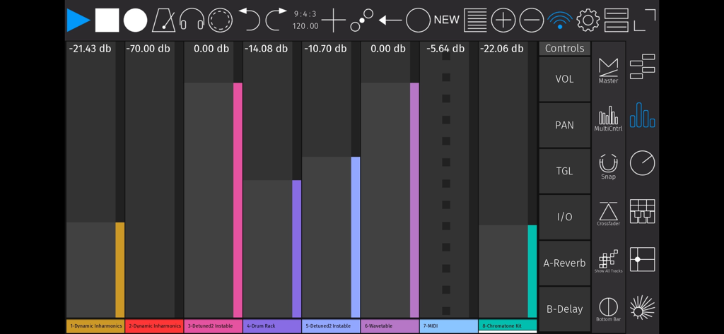touchAble Pro - Interface de mixeur numérique de l'application touchAble Pro affichant les faders de piste audio et les contrôles pour Ableton Live