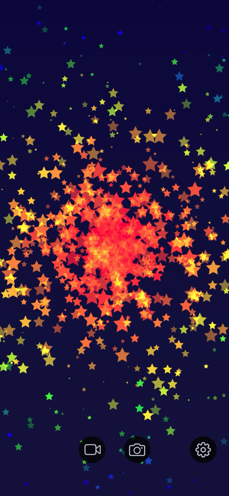 暗い青色の背景にカラフルな星形パーティクルの鮮やかなバースト、下部には録画アイコンがあります