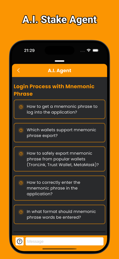 Stake Tron app AI assistant screen explaining the mnemonic phrase login process.