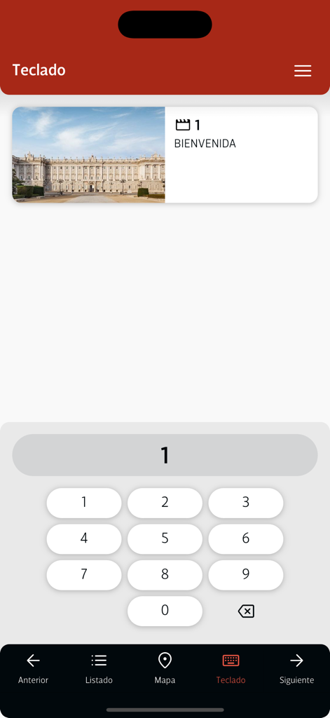 Palacio Real de Madrid - Écran du pavé numérique dans l'application audioguide officielle du Palais Royal de Madrid