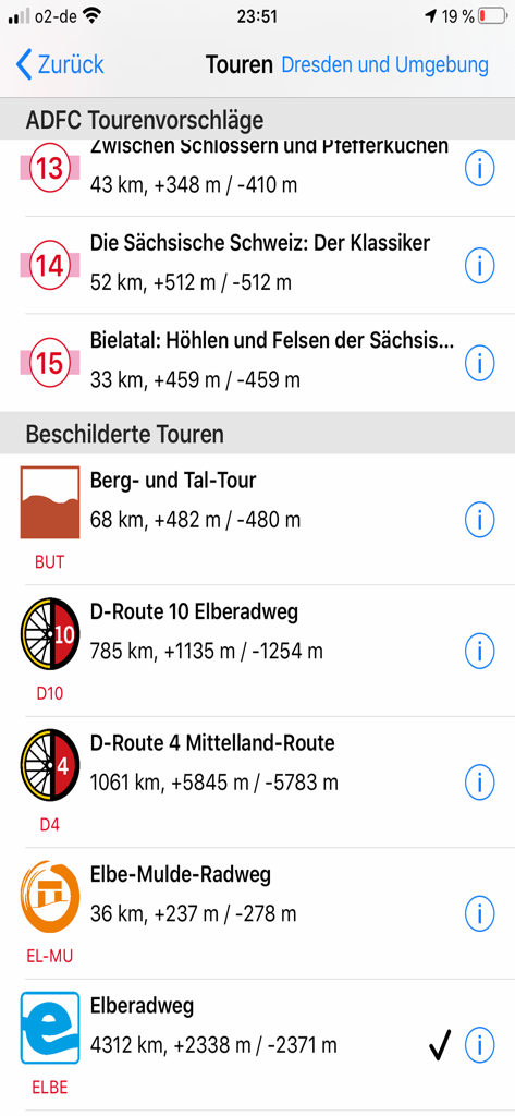 ADFC Karten - Liste empfohlener Radtouren in Deutschland mit Distanz- und Höhenmetern in der ADFC Karten App