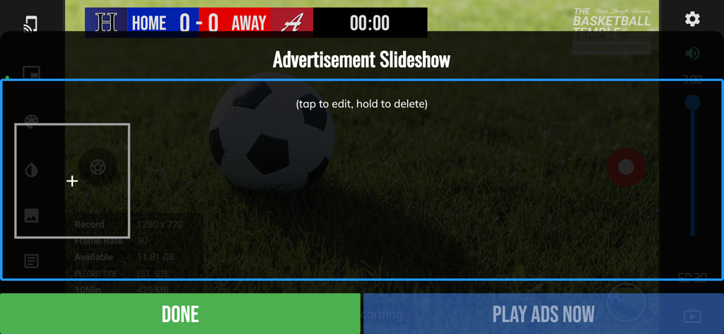 Tela de configuração de slideshow de anúncios no aplicativo BT Soccer Camera mostrando opções para adicionar imagens de anúncios personalizadas para transmissões.