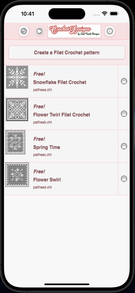 Filet Crochet Pattern Creator - Home screen of the Filet Crochet Pattern Creator app listing free patterns like Snowflake and Flower Swirl