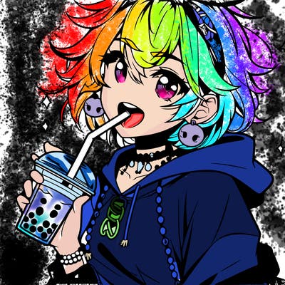 hot baddie anime girl drinking boba and biting the straw