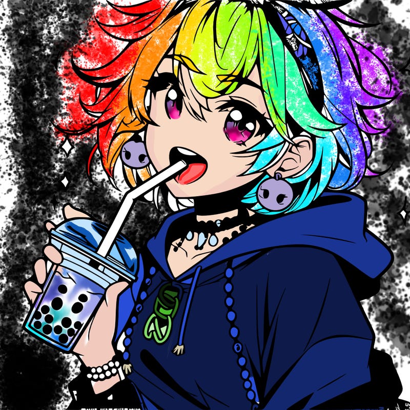 hot baddie anime girl drinking boba and biting the straw