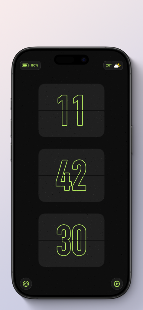 FlipKlok: FlipClock & Pomodoro - Aesthetic neon green flip clock interface on an iPhone display