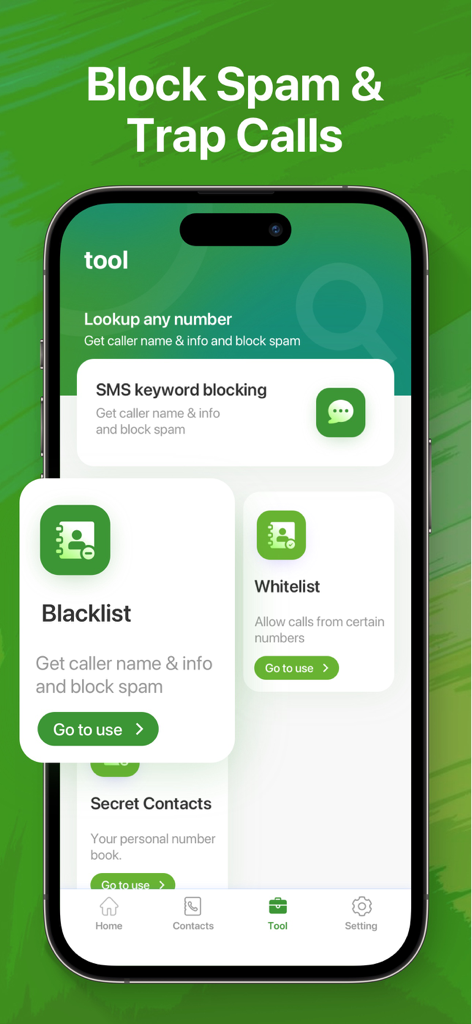 Interfaz de la aplicación Identificador de Llamadas mostrando funciones para bloqueo de SMS y gestión de listas negras