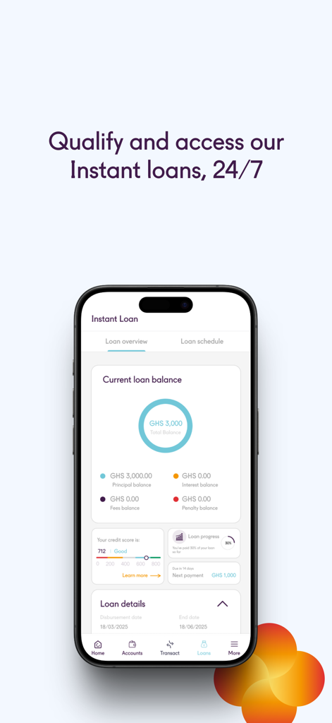 Affinity mobile app dashboard showing current loan balance and credit score