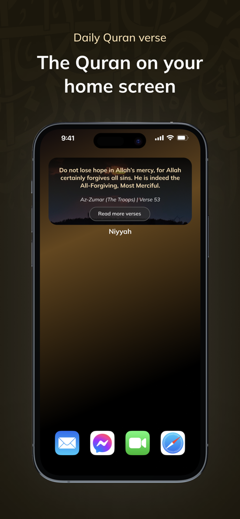 Niyyah | MuslimGPT Companion - iPhone home screen showing a daily Quran verse widget from the Niyyah app