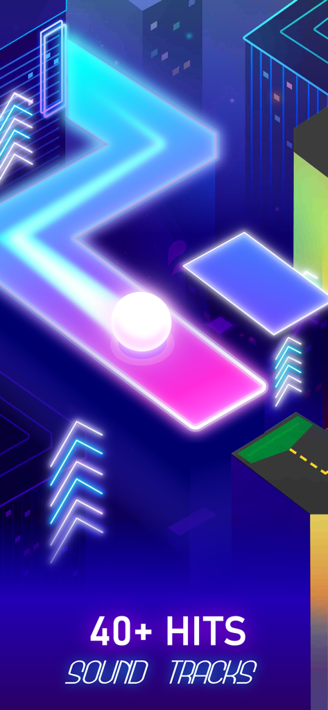 Dancing Ballz: Magic Tiles - Une balle blanche naviguant sur un chemin de néon lumineux dans un jeu de rythme musical 3D.