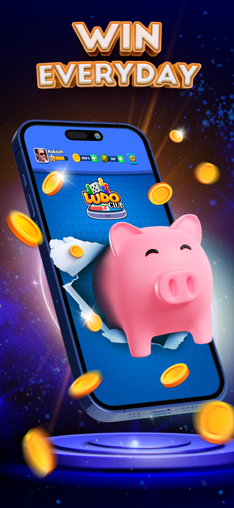 A pink piggy bank and golden coins popping out of a smartphone screen showing the Ludo Club game interface