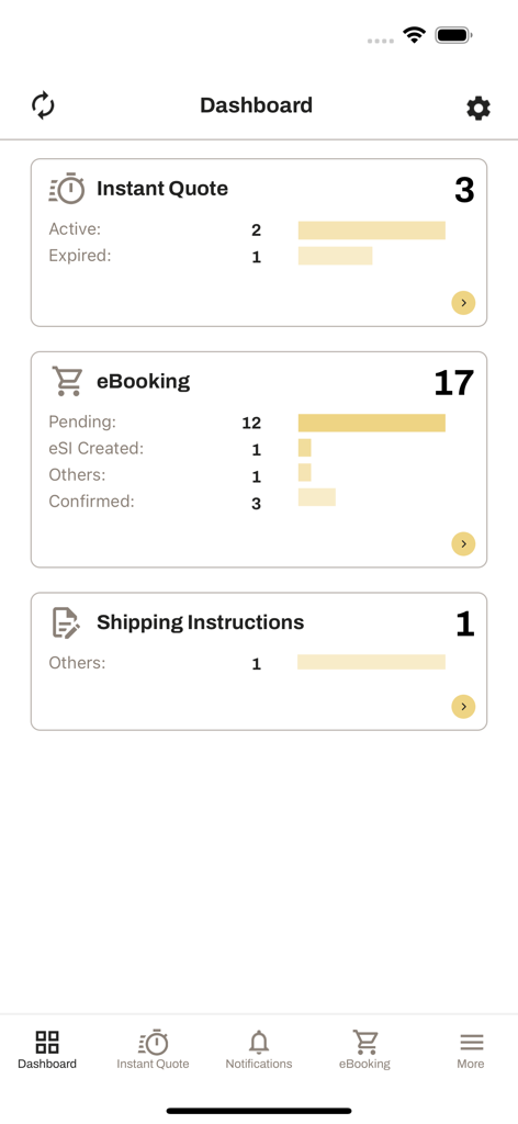 Dashboard of the myMSC app showing shipping quotes and booking summaries