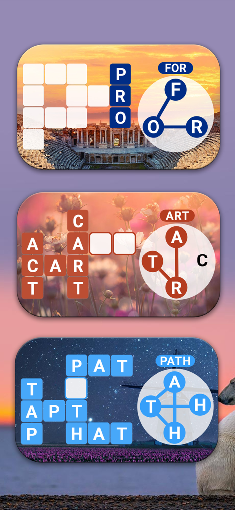 Word Galaxy Challenge - Three gameplay screenshots of Word Galaxy Challenge featuring word puzzles set against scenic backgrounds like sunset ruins, flowers, and a starry night