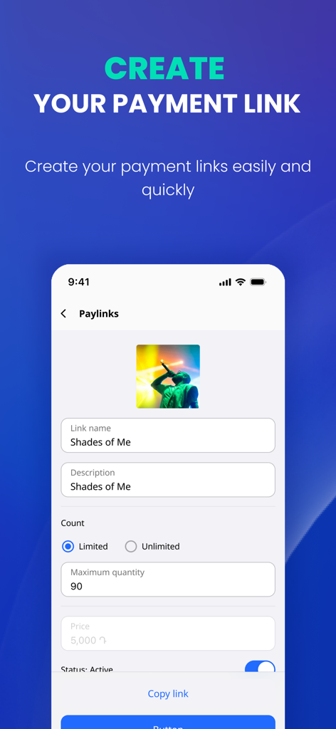 PayLink.am - PayLink app screen showing the interface to create a custom payment link with options for link name description quantity and price