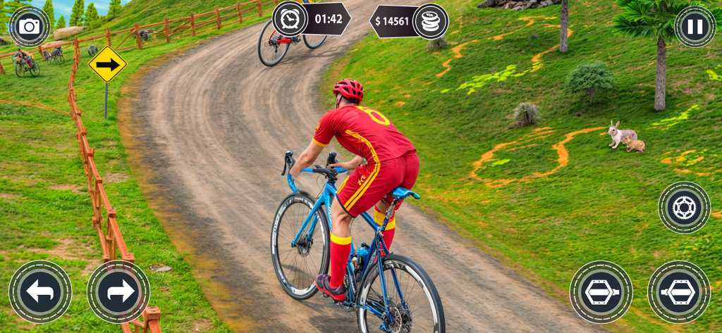 Offroad BMX Bike Race 3D - A person racing a bicycle on a winding offroad path in a 3D sports game