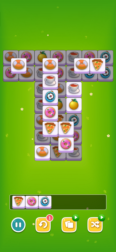 Triple Tile Puzzle- Connect 3 - Jugabilidad de Triple Tile Puzzle que muestra fichas a juego con iconos de comida