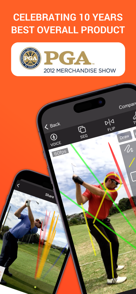 Swing Profile Golf Analyzer app showcasing swing plane lines ball tracking and its PGA award