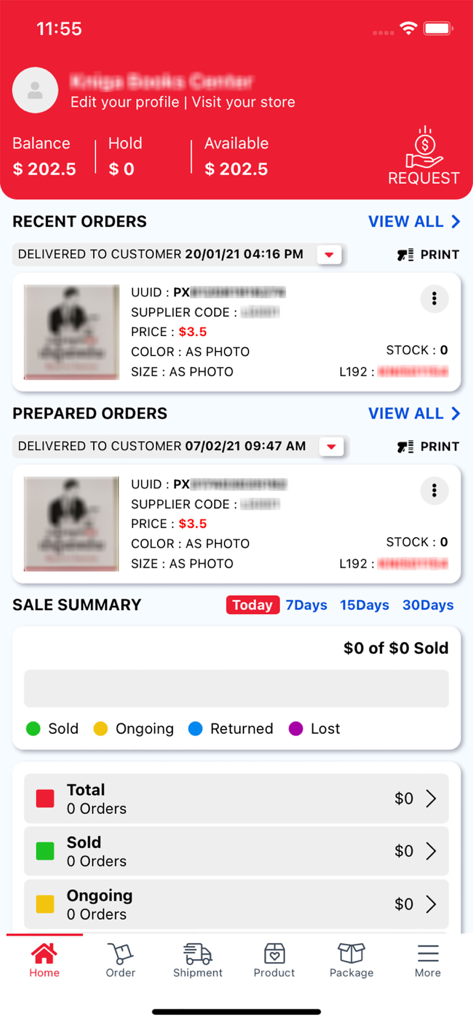 L192 Delivery and Business - Dashboard of L192 Delivery and Business app showing balance recent orders and sales summary