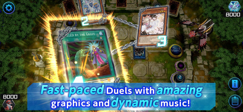 Schermata di gioco di Yu-Gi-Oh Master Duel che mostra effetti delle carte e grafica ad alta definizione su un campo di duello digitale.
