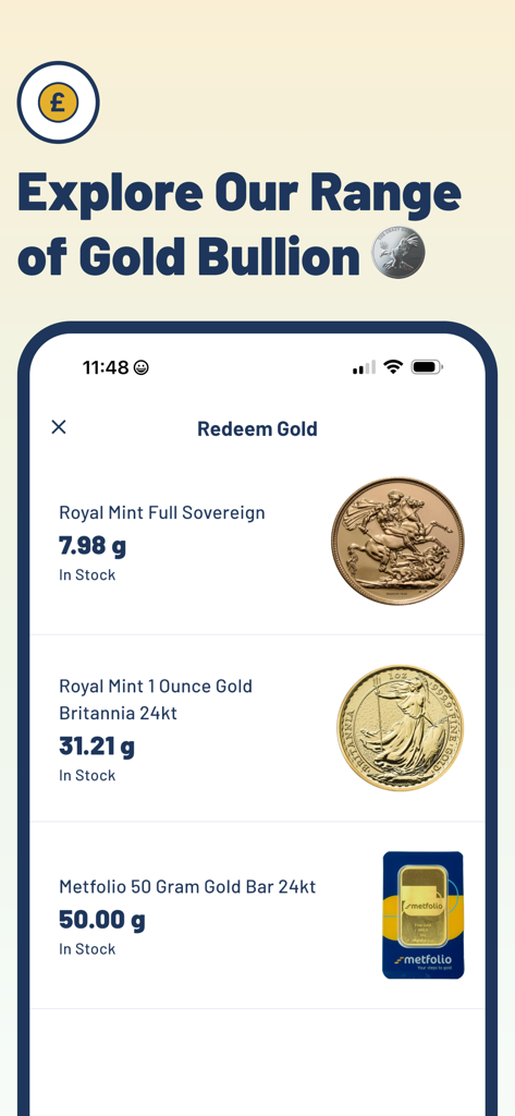 Metfolio: Buy Real Gold - Metfolio app screen displaying a selection of gold bullion products including Royal Mint coins and a 50g gold bar