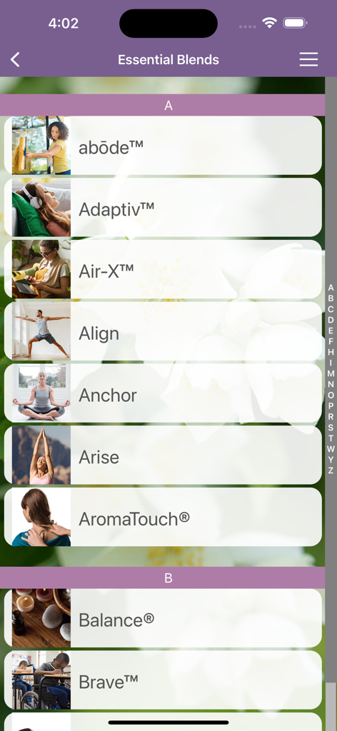 Lista de mezclas de aceites esenciales dōTERRA en la vista alfabética de la aplicación Modern Essentials Plus