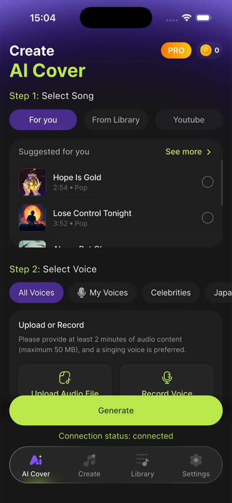Danno AI Cover & Music Maker - Der Bildschirm 'KI-Cover erstellen' in der Danno-App zeigt Optionen zur Auswahl eines Songs und zum Hochladen oder Aufnehmen eines Stimmstils.
