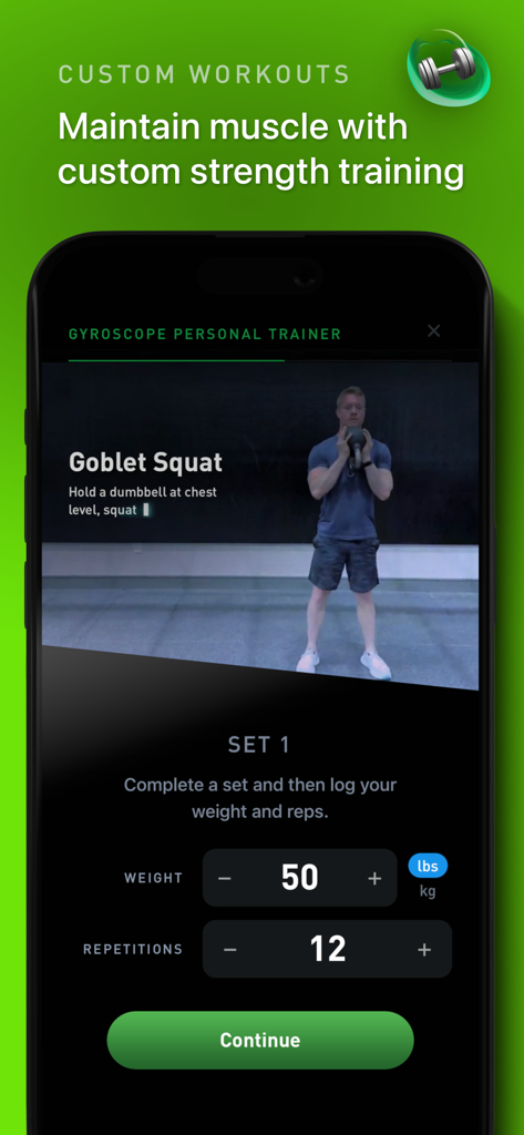 Gyroscope - A smartphone screen displaying the Gyroscope app custom strength training feature with a goblet squat demonstration and log inputs