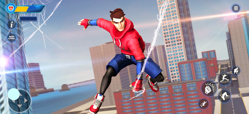 A superhero in a red hoodie swinging on webs through an open world city
