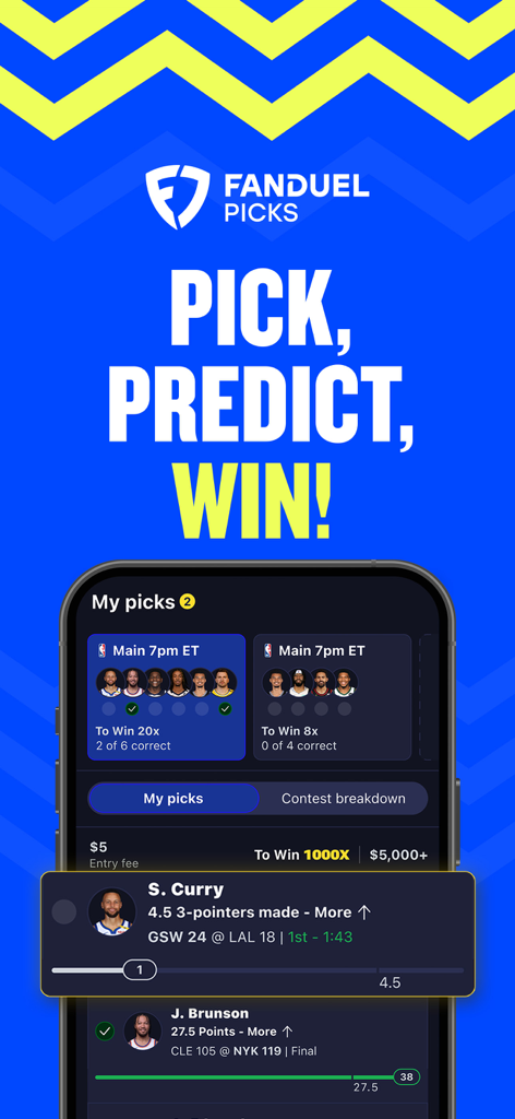 FanDuel Picks - FanDuel Picks mobile app interface showing player prop predictions and the slogan Pick Predict Win