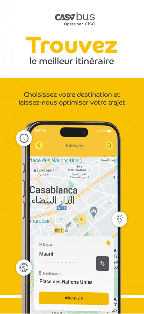 CASABUS - CASABUS mobile app interface showing a route search from Maarif to Place des Nations Unies on a map of Casablanca