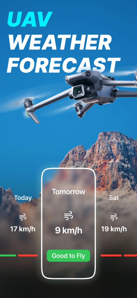 DroneWX UAV Weather Forecast - Drone weather app interface displaying wind speeds and safe flight status over a mountain landscape