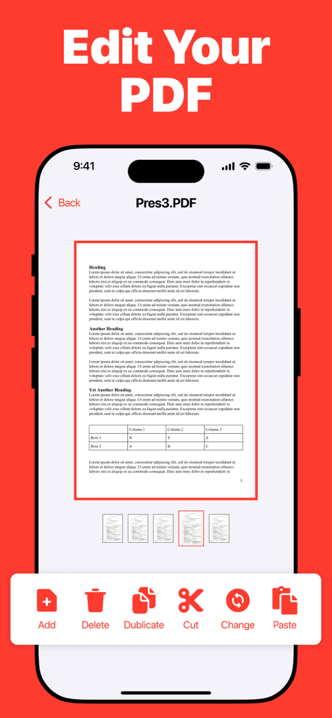 PDF Converter: Convert to PDFㅤ - Interfaccia dell'app Convertitore PDF che mostra un documento in fase di modifica con strumenti per aggiungere, eliminare e duplicare pagine