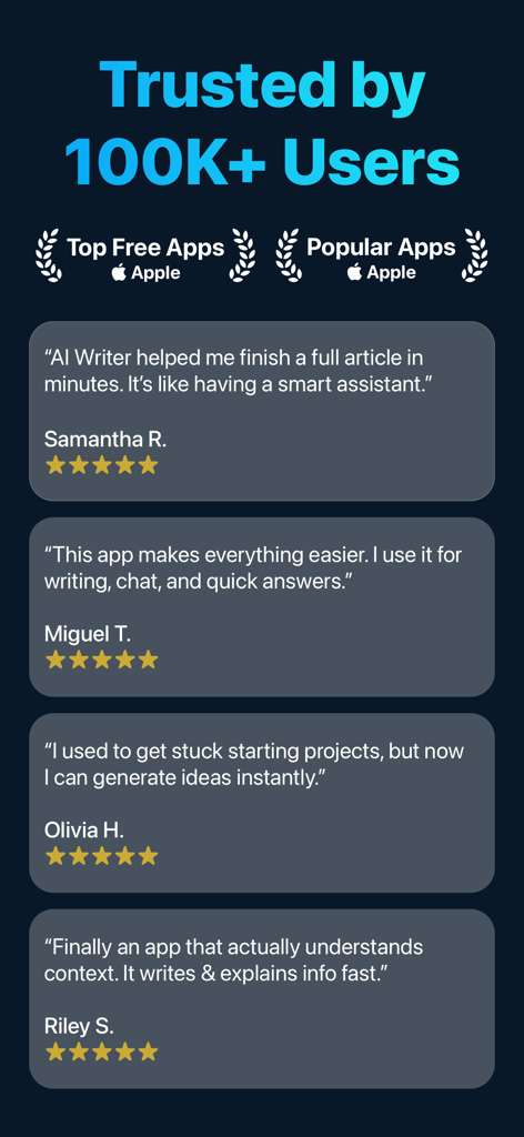 User testimonials and top app rankings for AI Writer