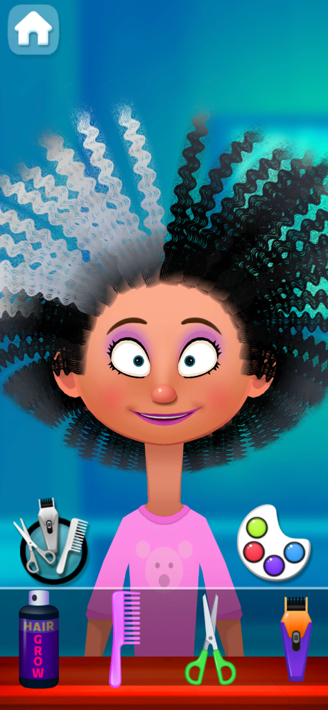 Hair Salon Star - hairdresser - A cartoon girl with wavy black and white hair being styled in a virtual hair salon with various hairdressing tools at the bottom