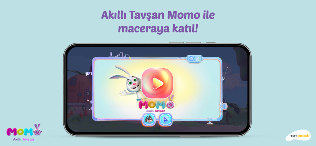 TRT Çocuk Akıllı Tavşan - TRT Cocuk Akilli Tavsan app title screen on a smartphone featuring Momo the rabbit