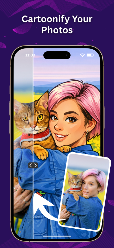 AI Photo Video Editor - Comparación de antes y después de una foto transformada en estilo caricatura usando IA
