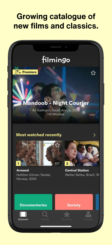 filmingo Arthouse Streaming - Discovery screen of filmingo Arthouse Streaming app featuring a curated selection of films and documentaries