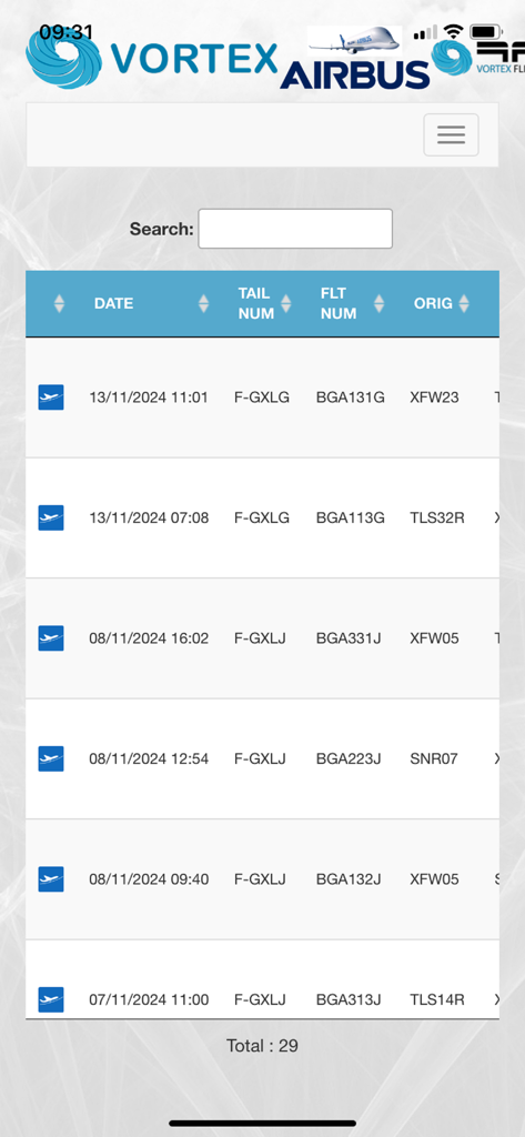 Vortex Mobile - Vortex Mobile flight log interface showing a list of flights with dates and tail numbers
