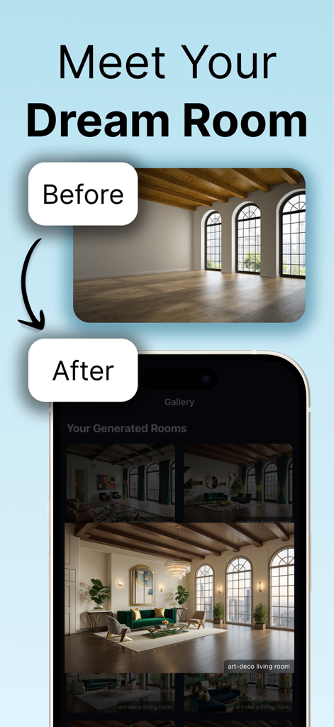 Before and after comparison showing an empty room transformed into a furnished art-deco living room using Remodeled.AI