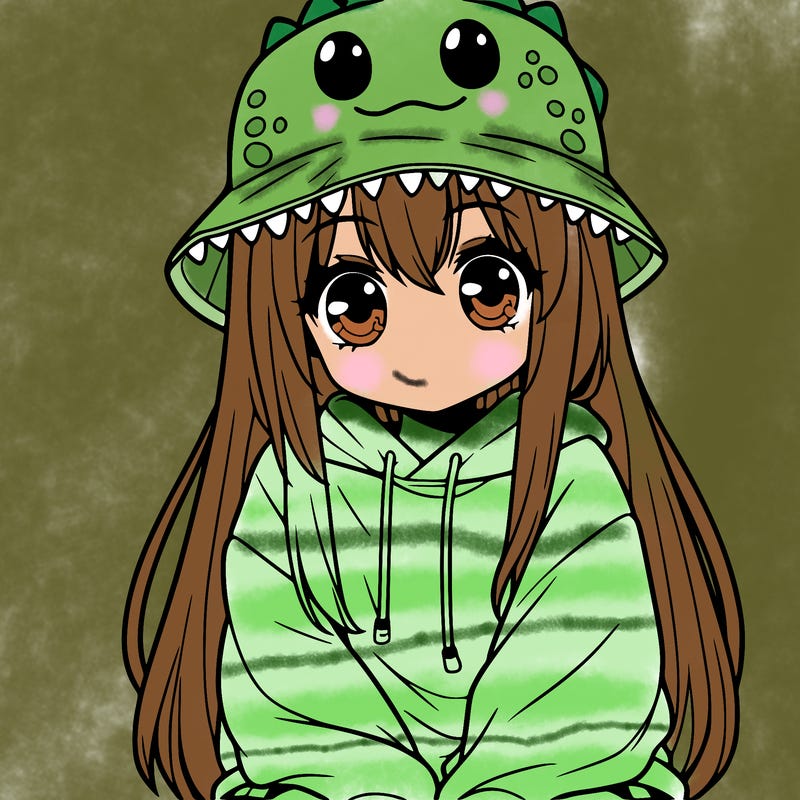 girl with anime shaped eyes with a dinosaur bucket hat oversized sweatshirt long straight hair