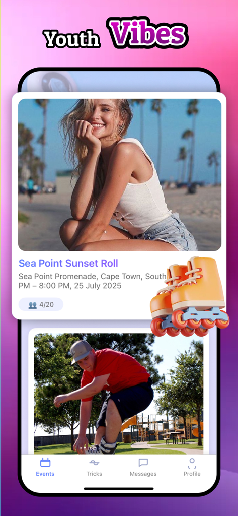 Zupo: Skate Now - Zupo Skate Now mobile app interface displaying roller skating community events and youth culture content