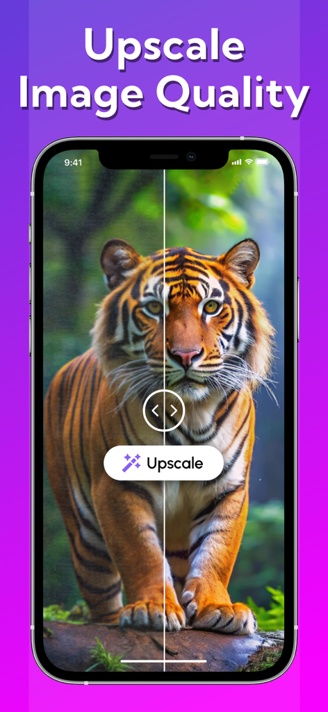 iPhone画面。AI Expandアプリがタイガーの写真をアップスケールして画質を向上させています。
