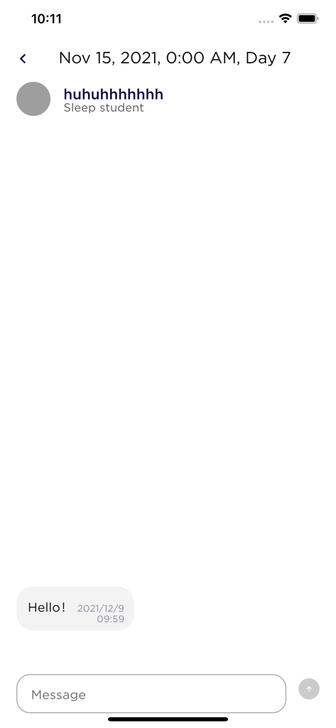 BedTyme Coach - A chat interface in the BedTyme Coach app showing a message from a sleep student to their coach