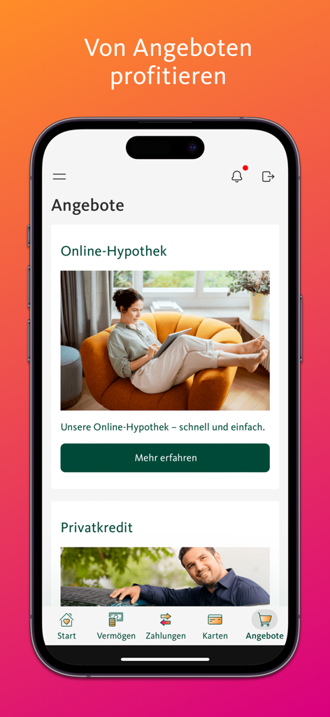 Migros Bank E-Banking - Interfaz de la aplicación Migros Bank E-Banking mostrando ofertas promocionales para hipotecas en línea y préstamos privados