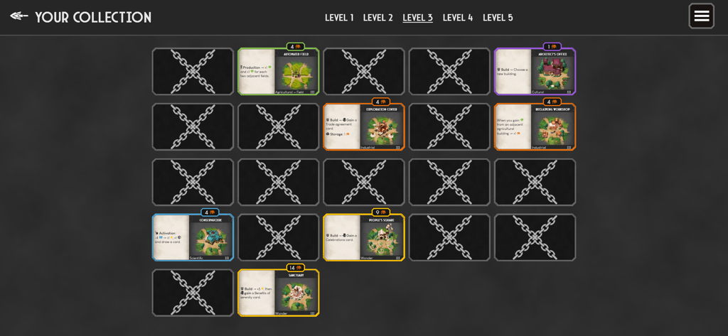 Dawnmaker - The card collection menu in the Dawnmaker strategy game showing unlocked building cards and locked progress slots