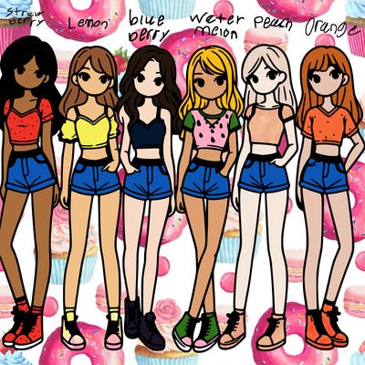 a group of girls wearing crop tops and shorts
