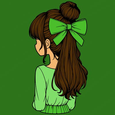 realistic girl  with hip length hair a bun and a big bow on the back of head