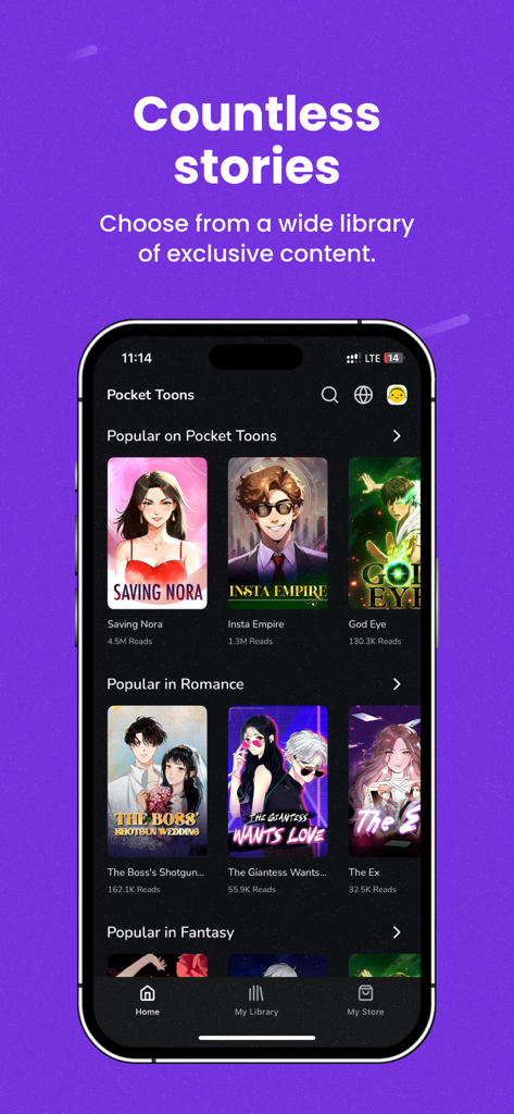 Pocket Toons: Webtoons & Manga - A smartphone screen displaying the Pocket Toons app library with various popular manga and webtoon categories